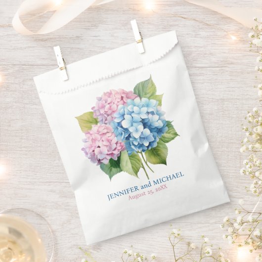 Roze en stoffige blauwe hortensia's bruiloft bedankzakje (Geknipt)