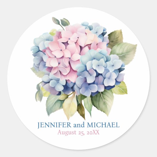 Roze en stoffige blauwe hortensia's trouwcirkel ronde sticker (Voorkant)