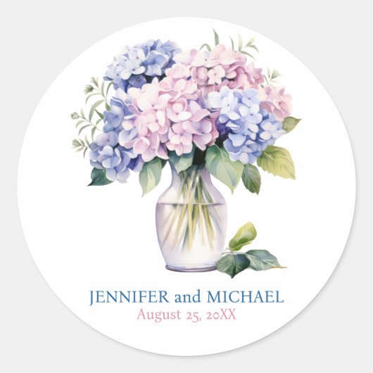Roze en stoffige blauwe hortensia's trouwcirkel ronde sticker (Voorkant)