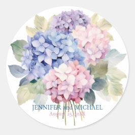 Roze en stoffige blauwe hortensia's trouwcirkel ronde sticker
