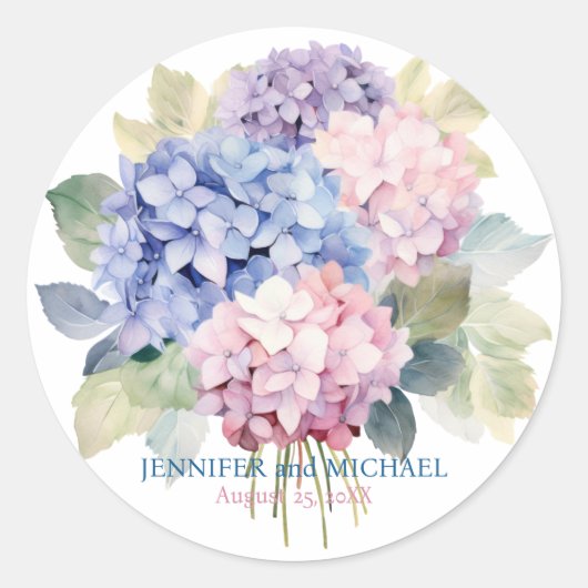 Roze en stoffige blauwe hortensia's trouwcirkel ronde sticker (Voorkant)