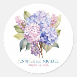 Roze en stoffige blauwe hortensia's trouwcirkel ronde sticker