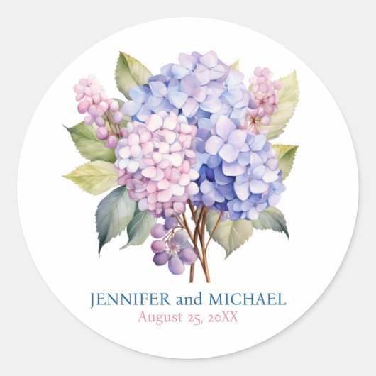Roze en stoffige blauwe hortensia's trouwcirkel ronde sticker (Voorkant)
