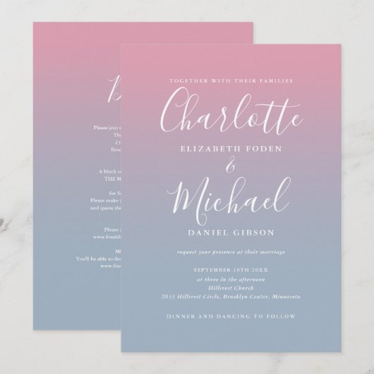 Roze en stoffige blauwe ombre alles in één bruilof kaart (Voorkant / Achterkant)