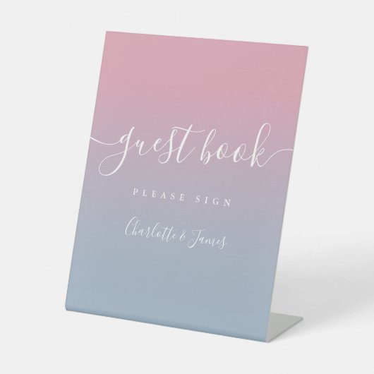 Roze en stoffige blauwe Ombre Script Guest Book Reclamebord Met Voetstuk (Voorkant)