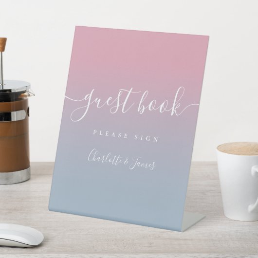 Roze en stoffige blauwe Ombre Script Guest Book Reclamebord Met Voetstuk (Insitu)