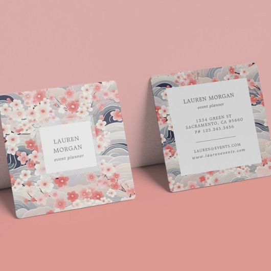 Roze en stoffige blauwe sakura bloemen vierkante visitekaartje