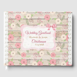 Roze en Tan Wedding Book Rustic Wood and Flowers Gastenboek