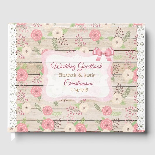 Roze en Tan Wedding Book Rustic Wood and Flowers Gastenboek (Voorkant)
