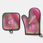 Roze en Taupe Camo Abstract Chic Monogrammed Ovenwant & Pannenlap Set (Voorkant)