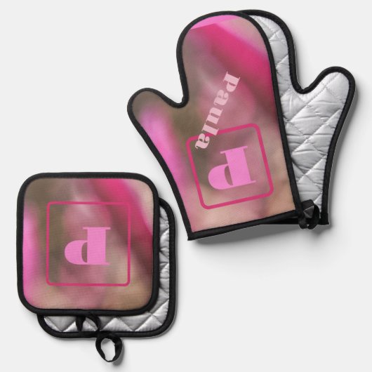 Roze en Taupe Camo Abstract Chic Monogrammed Ovenwant & Pannenlap Set (Voorkant / Achterkant)