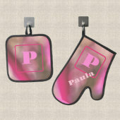 Roze en Taupe Camo Abstract Chic Monogrammed Ovenwant & Pannenlap Set