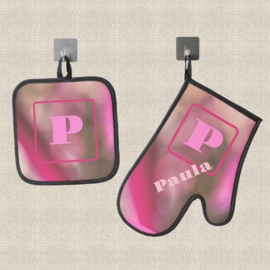 Roze en Taupe Camo Abstract Chic Monogrammed Ovenwant & Pannenlap Set