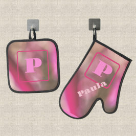 Roze en taupe camouflage abstract chique monogram ovenwant & pannenlap set