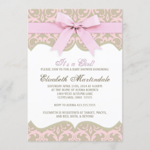 Roze en Taupe Damask Baby shower Invitation Kaart