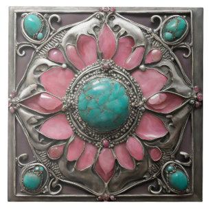 Roze en Teal Art Nouveau Mozaïektegelpatroon Tegeltje