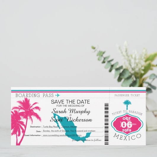Roze en Teal 'Save the Date' naar Mexico Save The Date (Staand voorkant)
