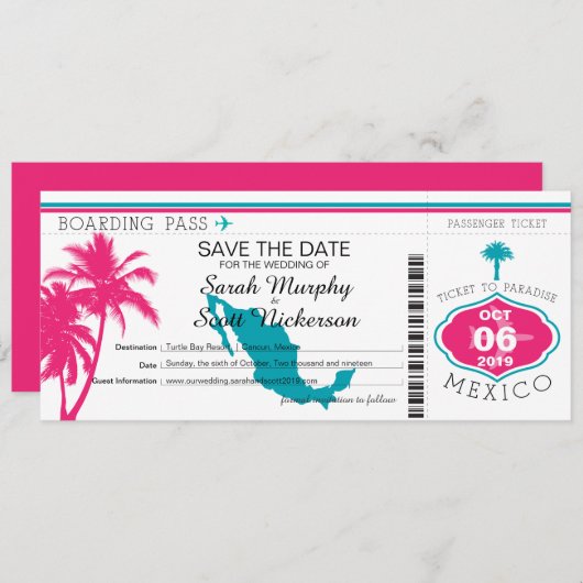 Roze en Teal 'Save the Date' naar Mexico Save The Date (Voorkant / Achterkant)