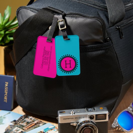 Roze en Teal Stip Monogram Bagagelabel (Voorkant /achterkant)