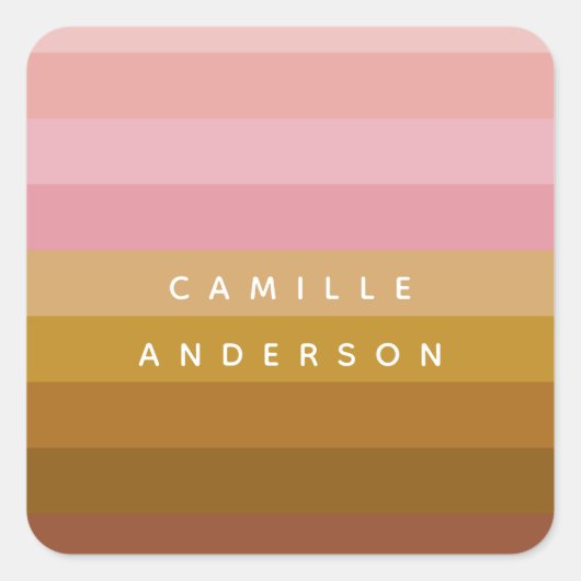 Roze en Terracotta Boho Geometrische Stripes Naam Vierkante Sticker (Voorkant)