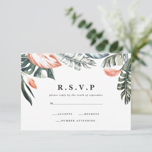 Roze en tropisch blad loof bruiloft R.S.V.P RSVP Kaartje (Staand voorkant)