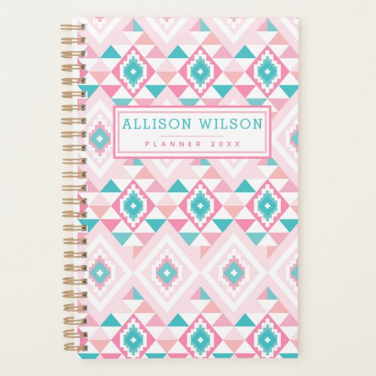 Roze en Turqoise Aztec Pattern Planner (Voorkant)