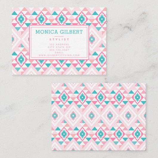 Roze en Turqoise Aztec Pattern Visitekaartje (Voorkant / Achterkant)