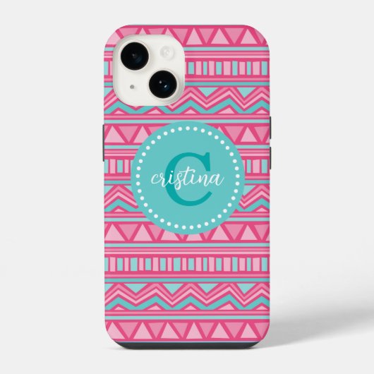 Roze en Turquoise Aztec Chevron Aangepaste Monogra iPhone Hoesje (Achterkant)