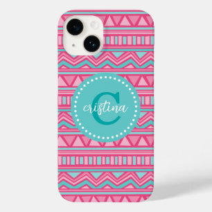Roze en Turquoise Aztec Chevron Custom Monogram Case-Mate iPhone Case