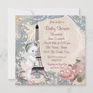 Roze en Turquoise Baby Shower in Parijs Vintage Kaart