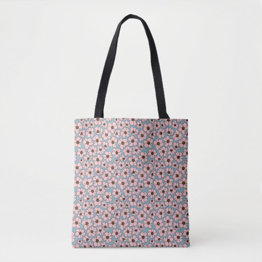 Roze en turquoise blauwe bloemendruk tote bag (Voorkant)