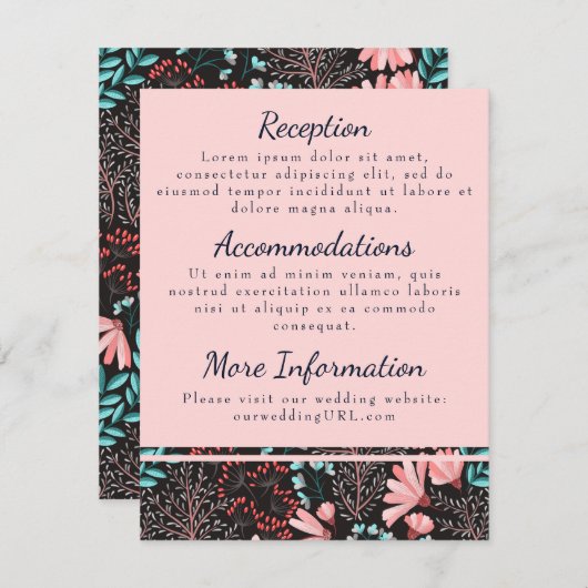 Roze en turquoise bloemen ontvangstkaarten informatiekaartje (Voorkant / Achterkant)