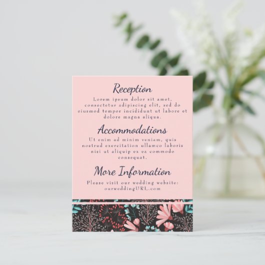 Roze en turquoise bloemen ontvangstkaarten informatiekaartje (Staand voorkant)