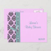 Roze en turquoise Damask RSVP Uitnodiging Briefkaart (Voorkant / Achterkant)