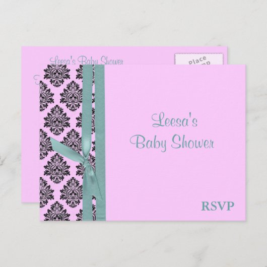 Roze en turquoise Damask RSVP Uitnodiging Briefkaart (Voorkant / Achterkant)