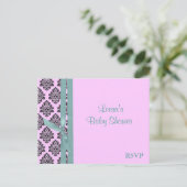 Roze en turquoise Damask RSVP Uitnodiging Briefkaart (Staand voorkant)