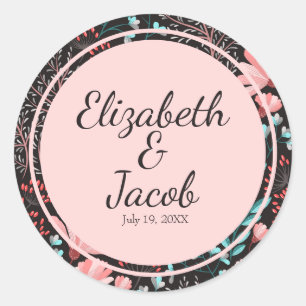 Roze en turquoise donkere bloempatroon ronde sticker