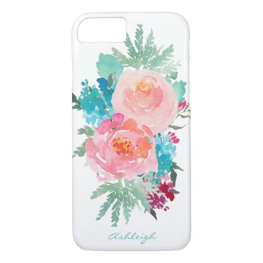 Roze en Turquoise Floral Bouquet met Jouw naam Case-Mate iPhone Case (Achterkant)
