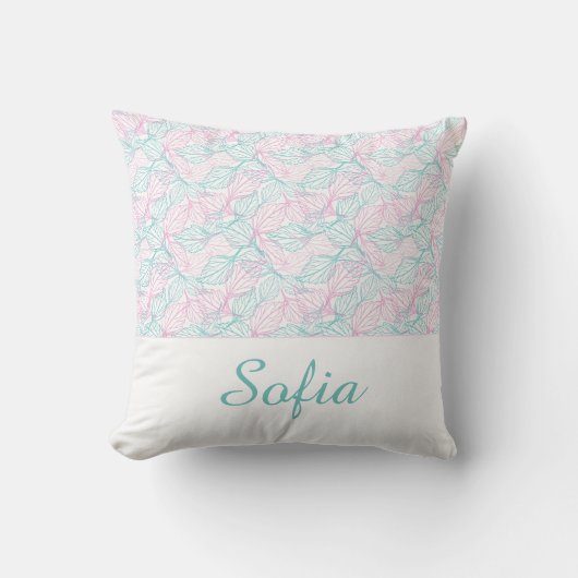 Roze en turquoise gestileerde bladeren wit Patroon Kussen (Voorkant)