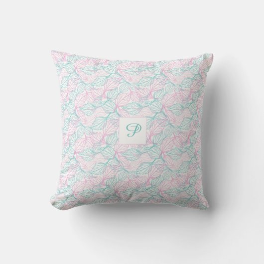 Roze en turquoise gestileerde bladeren wit Patroon Kussen (Voorkant)