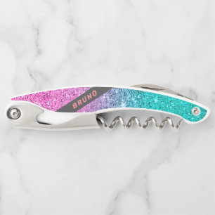 Roze en turquoise glinster ombre monogram kurkentrekker