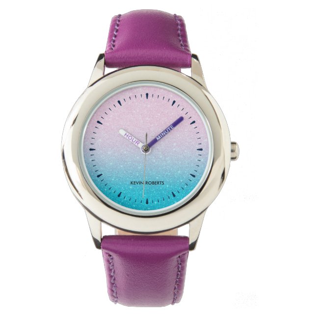 Roze en Turquoise Glitter Ombre Horloge (Voorkant)
