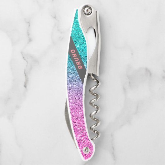 Roze en turquoise glitter ombre monogram kurkentrekker (Achterkant)