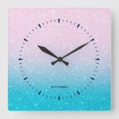 Roze en Turquoise Glitter Ombre Vierkante Klok (Voorkant)