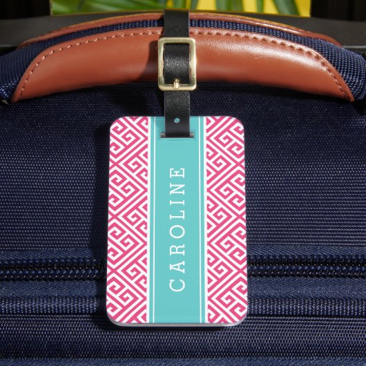 Roze en Turquoise Griekse Key Custom Monogram Bagagelabel (Voorkant Insitu 2)
