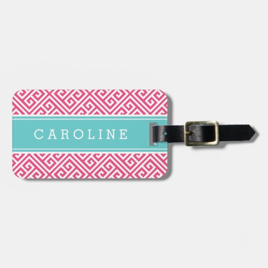 Roze en Turquoise Griekse Key Custom Monogram Bagagelabel (Voorkant horizontaal)
