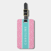 Roze en Turquoise Griekse Key Custom Monogram Bagagelabel (Voorkant verticaal)
