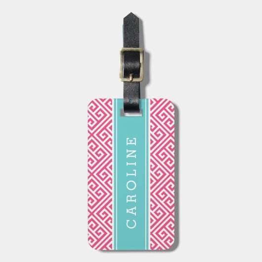 Roze en Turquoise Griekse Key Custom Monogram Bagagelabel (Voorkant verticaal)