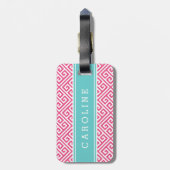 Roze en Turquoise Griekse Key Custom Monogram Bagagelabel (Achterkant verticaal)