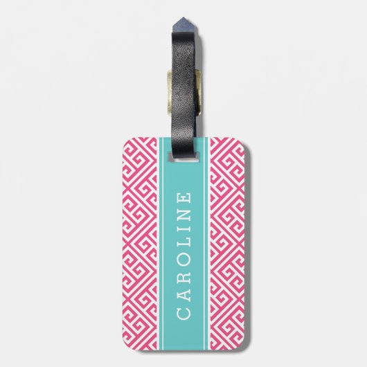 Roze en Turquoise Griekse Key Custom Monogram Bagagelabel (Achterkant verticaal)